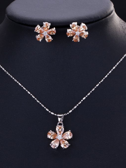 Classic Flower Zircon Earrings Necklace ( 2 Set ) ( champagne )