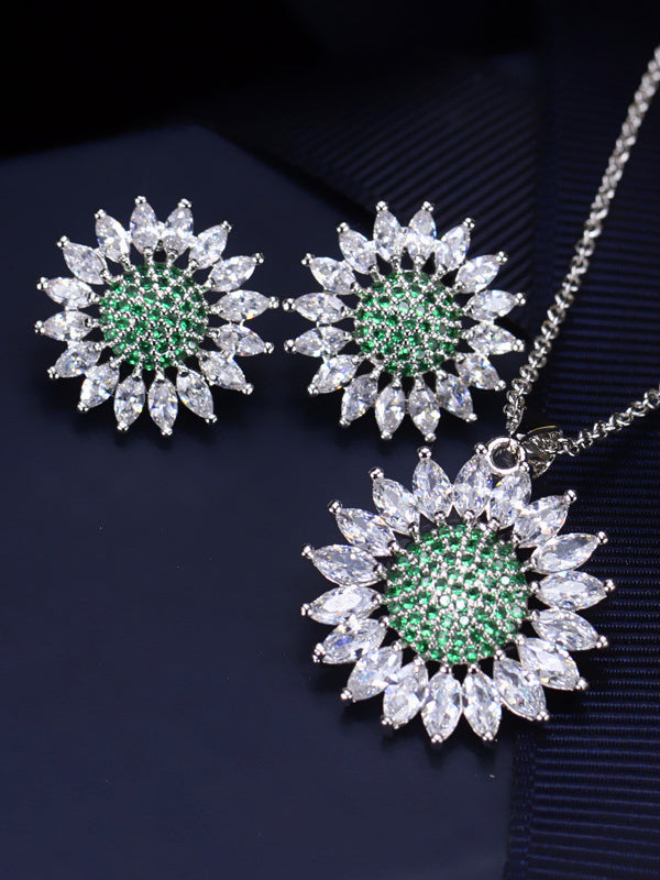 Luxury Shine Cubic Zirconia Sunflower Necklace & Earring 2 Set