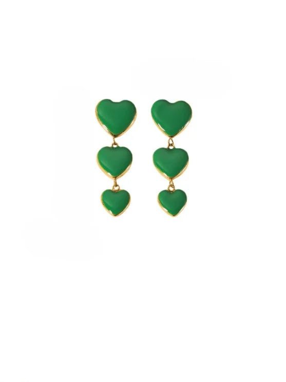 Green Enamel Triple Heart Drop Earrings for Women | TARA MINI - TARA MINI