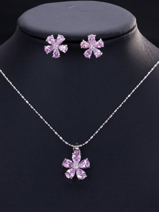 Classic Flower Zircon Earrings Necklace ( 2 Set ) ( PINK )