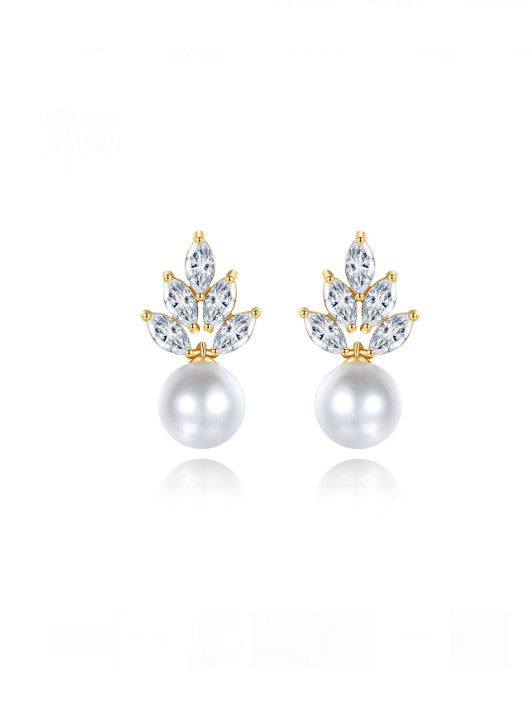 Cubic Zirconia Leaf Pearl Stud Earrings
