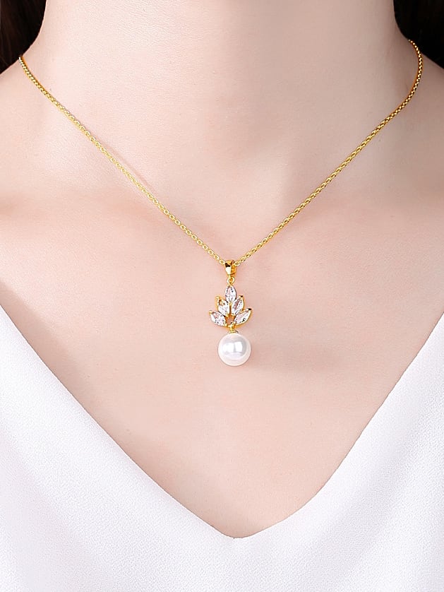 Cubic Zirconia Flower Pearl Pendant Necklace