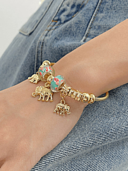 Elephant Charm Bracelet with Floral Beads