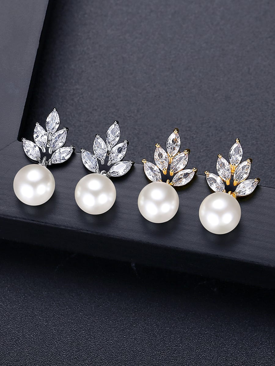 Cubic Zirconia Leaf Pearl Stud Earrings