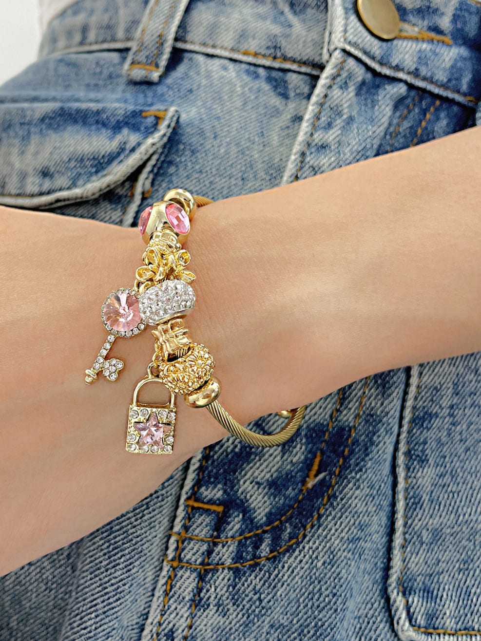 Rhinestone Key & Lock Charm Bracelet