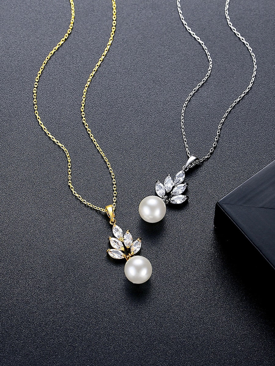 Cubic Zirconia Flower Pearl Pendant Necklace