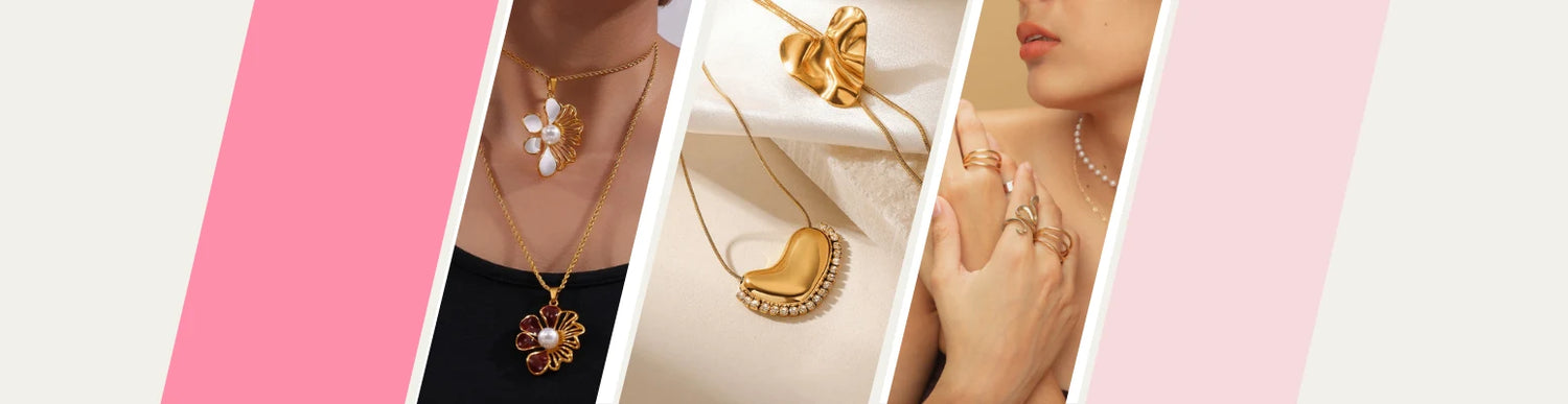 Homepage banner of TARA MINI showcasing fashion jewelry collection including gold-plated necklaces, heart pendants, and rings for women.