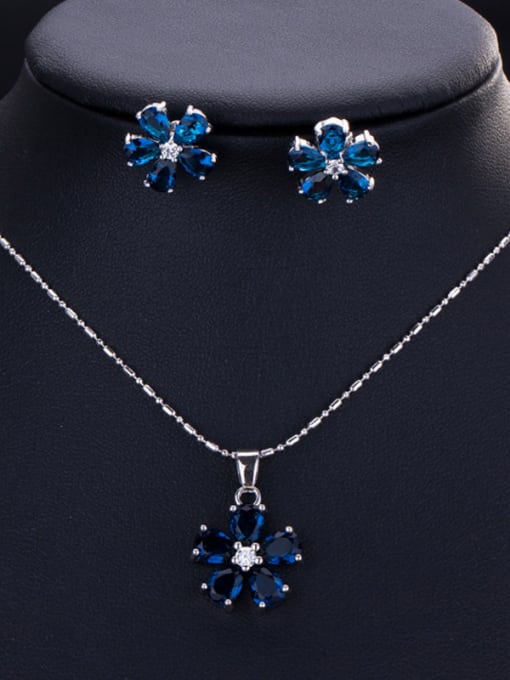 Classic Flower Zircon Earrings Necklace ( 2 Set ) ( Blue )