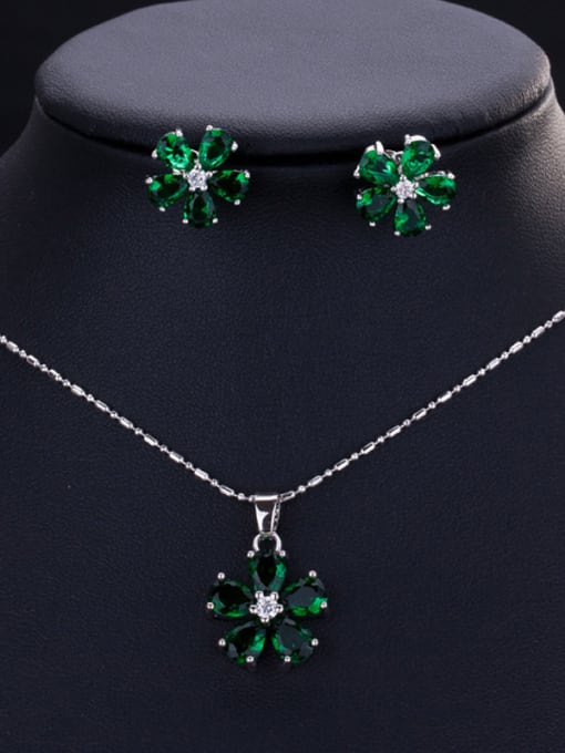 Classic Flower Zircon Earrings Necklace ( 2 Set ) ( Green )