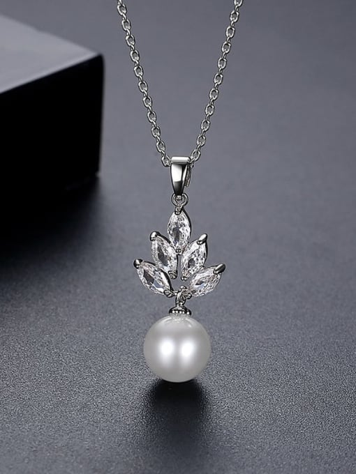 Cubic Zirconia Flower Pearl Pendant Necklace
