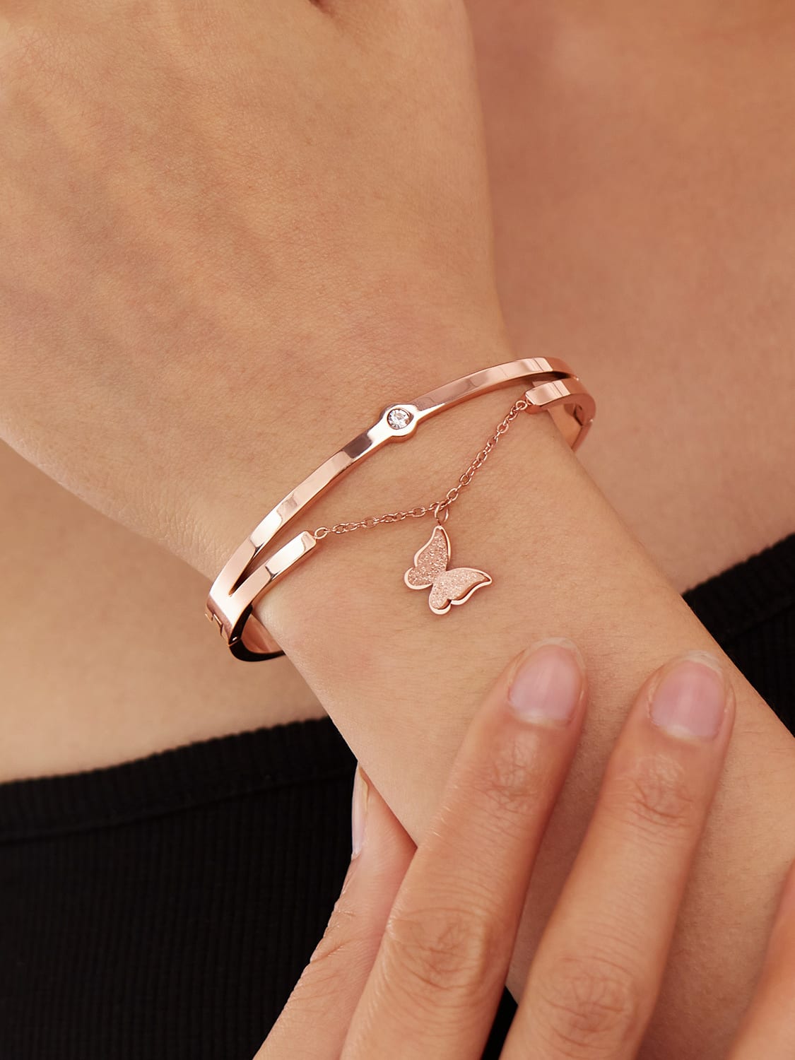 Rose Gold Butterfly Charm Bangle