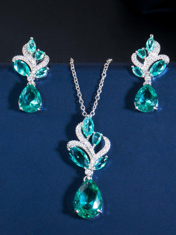 Cubic Zirconia Dainty Water Drop Earring & Necklace ( 2 Set )