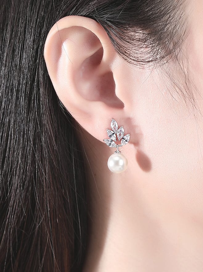 Cubic Zirconia Leaf Pearl Stud Earrings