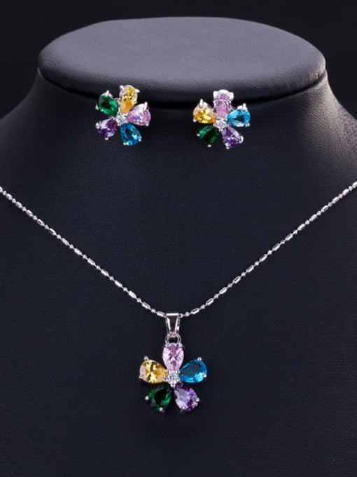 Classic Flower Zircon Earrings Necklace ( 2 Set ) ( Multi Colour )