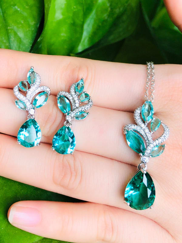 Cubic Zirconia Dainty Water Drop Earring & Necklace ( 2 Set )