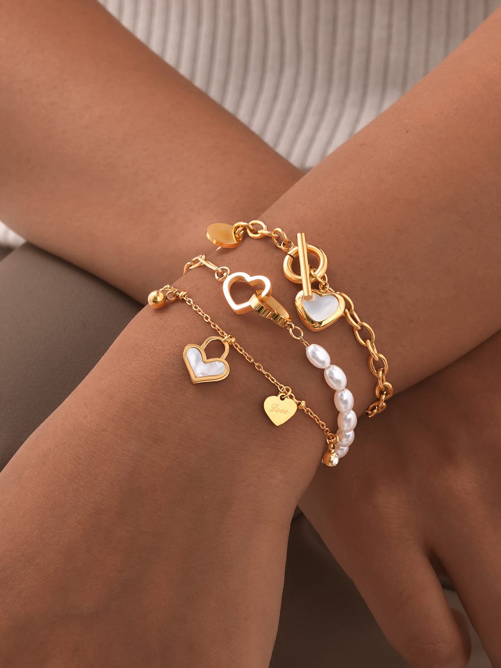 Double Heart Pearl Link Bracelet