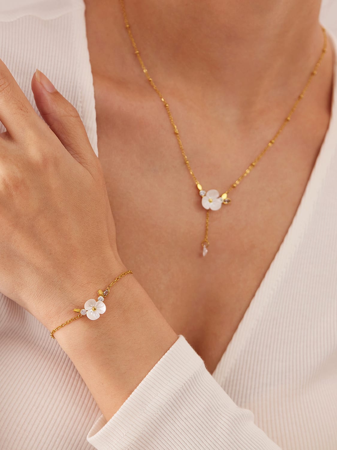 Shell Flower Lariat Necklace & Bracelet Set | TARA MINI ( 2 Set ) - TARA MINI