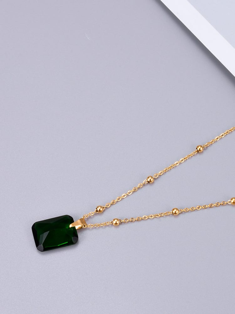 Emerald Green Glass Stone Pendant Necklace