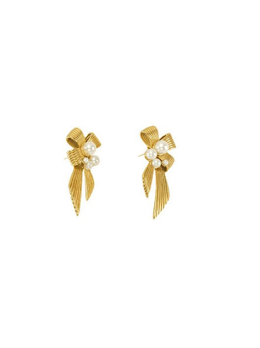 Gold Plated Bowknot Pearl Drop Earrings | TARA MINI - TARA MINI
