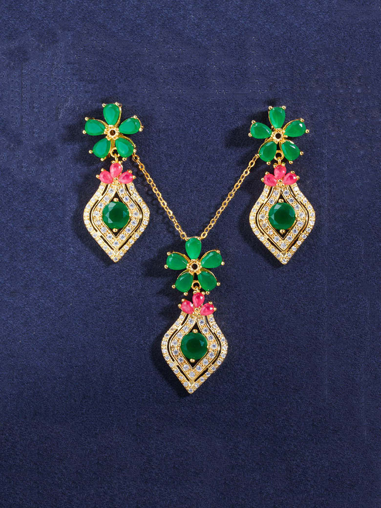 Gold Plated Fashion Flower Green & Pink Jewelry 2 Set