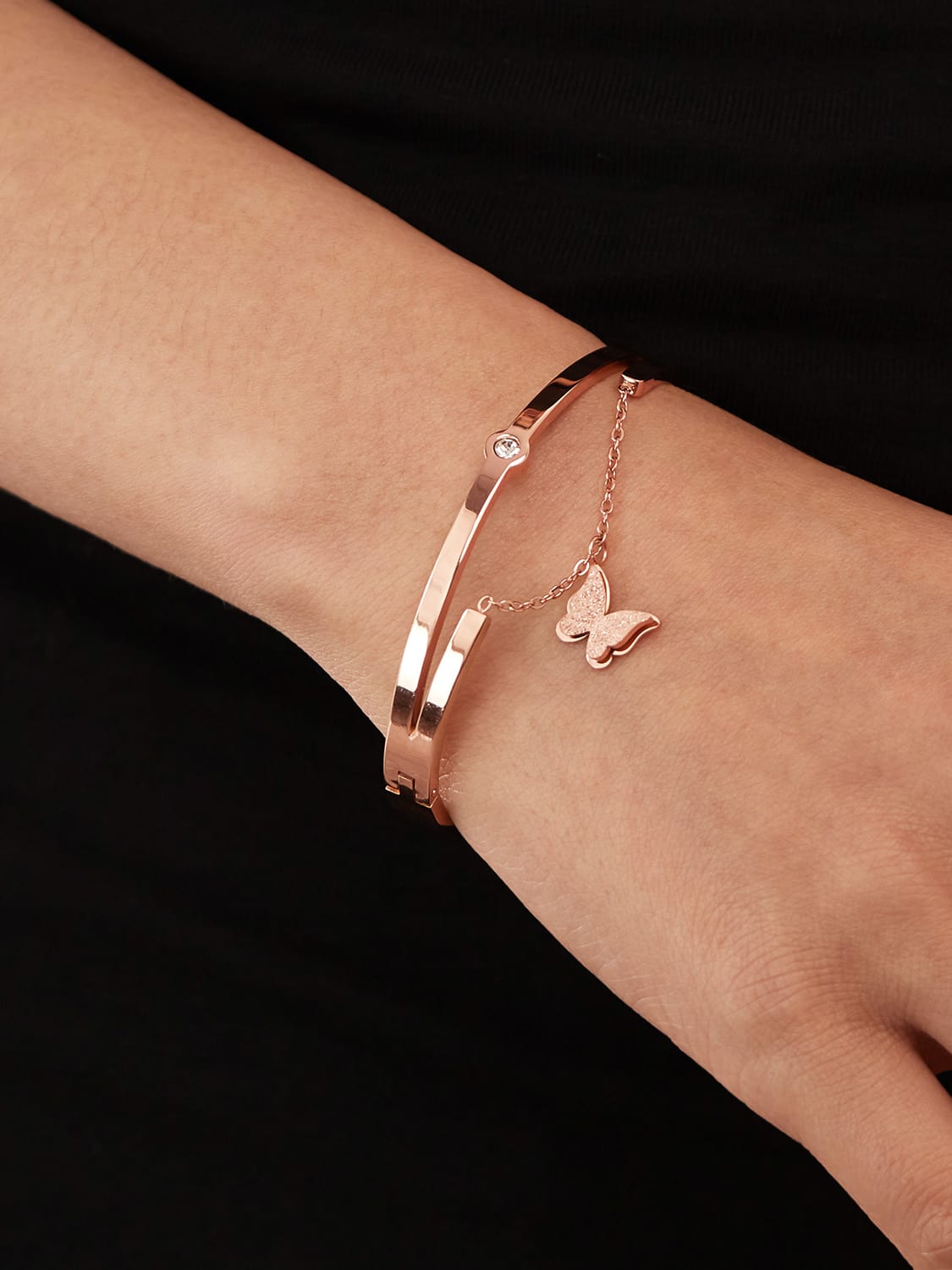 Rose Gold Butterfly Charm Bangle