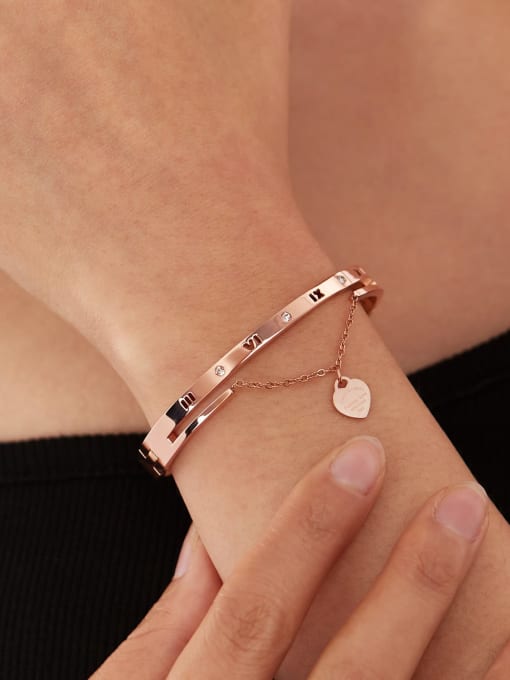 Roman Numeral Rose Gold Heart Charm Bangle