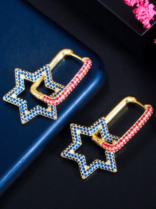 Cubic Zirconia Geometric Luxury Star Huggie Earrings ( Two color red blue )