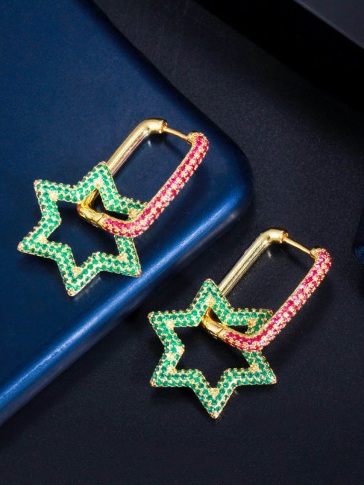 Cubic Zirconia Geometric Luxury Star Huggie Earrings ( Two color red green )