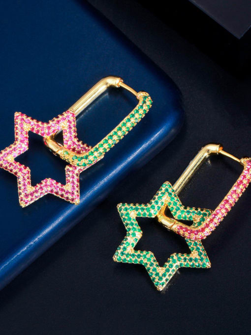 Cubic Zirconia Geometric Luxury Star Huggie Earrings ( Two color red green mix )