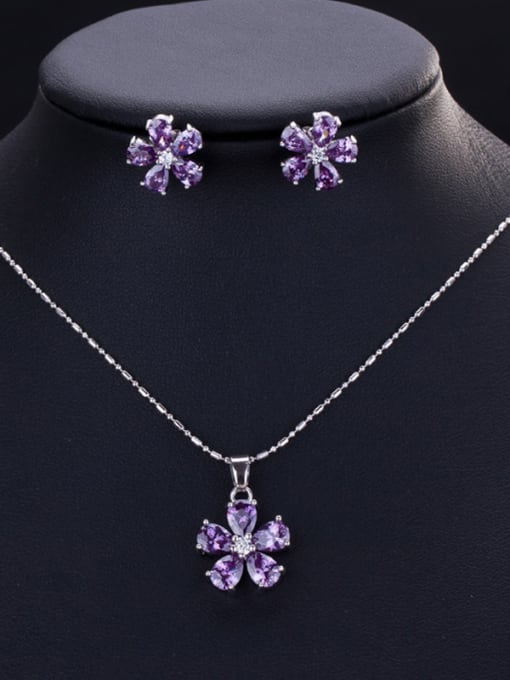 Classic Flower Zircon Earrings Necklace ( 2 Set ) Violet