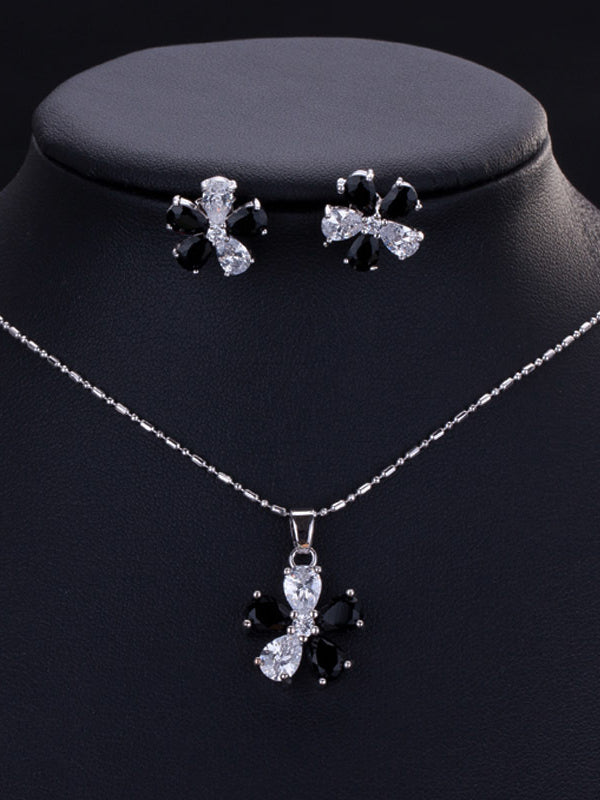 Classic Flower Zircon Earrings Necklace ( 2 Set ) ( B&W )