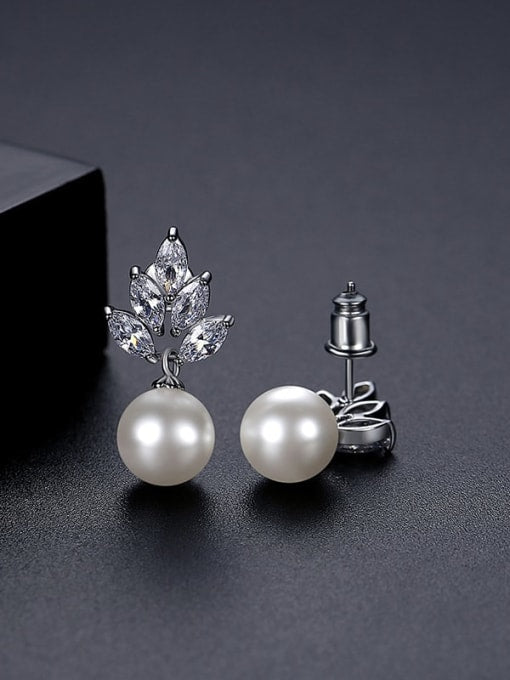 Cubic Zirconia Leaf Pearl Stud Earrings